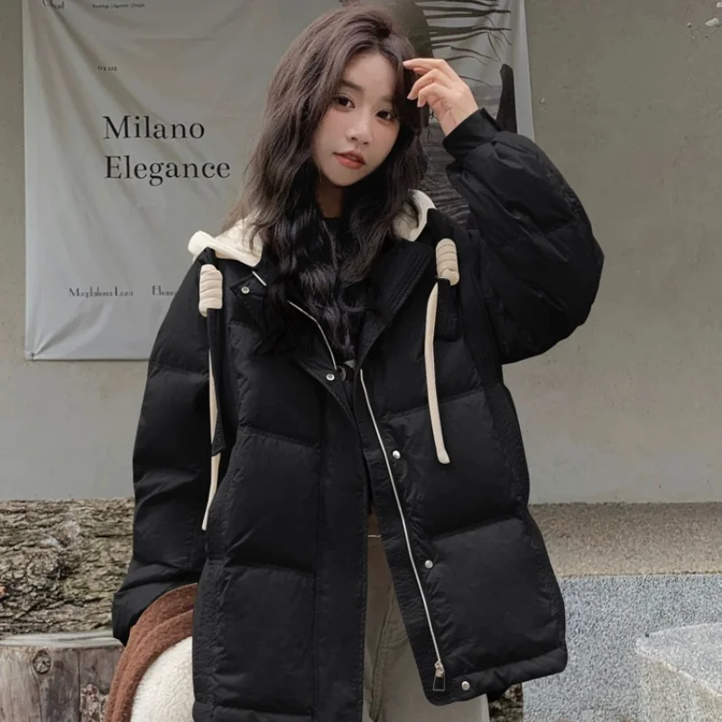 Short Puffer Coats Hooded Jackets for Women Korean Fashion Down Jacket Hat Tie Color Blocking Bread Clothe Casual Coats Down