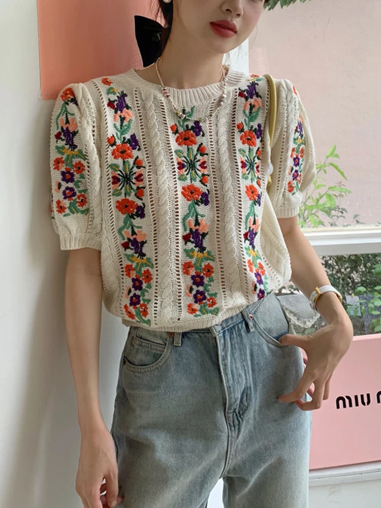 Vintage  Embroidered Floral Sweater Women Summer Autumn Short Puff Sleeve Slim Knitted Tops Hollow Out Pullovers Jumpers