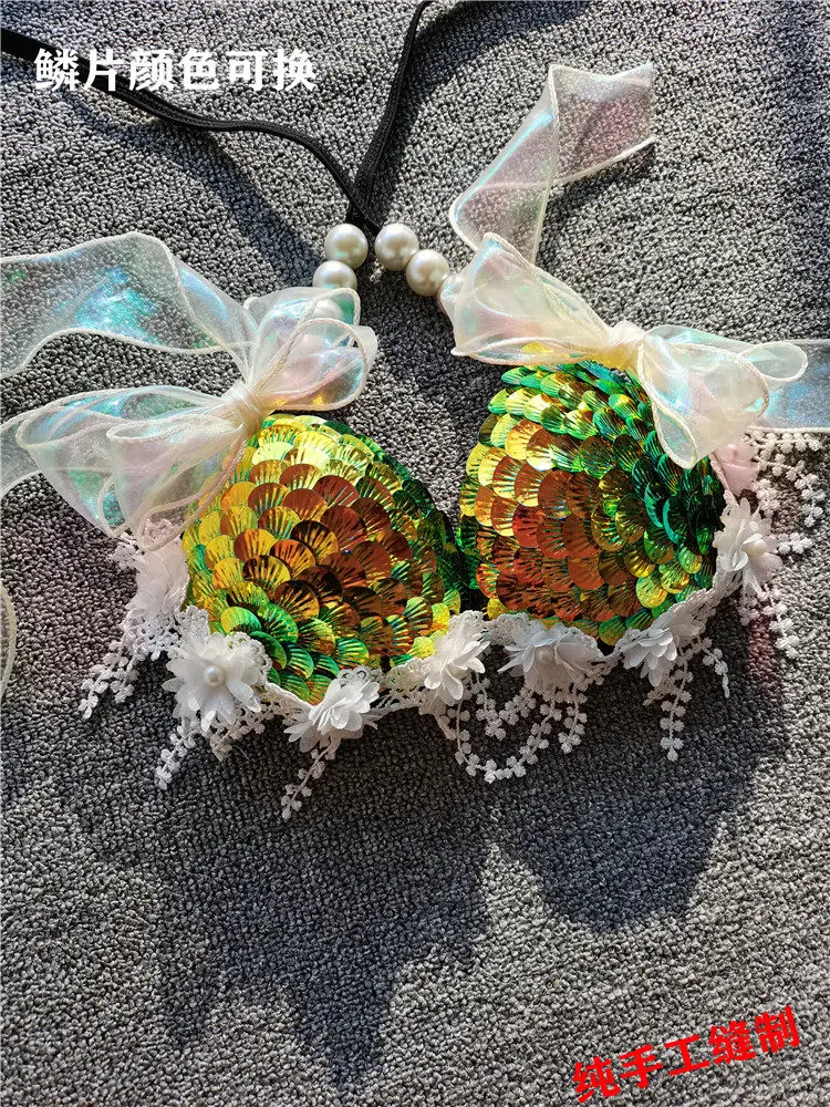 sequin bikini top bra, aquarium bar performance costume, fish tail skin