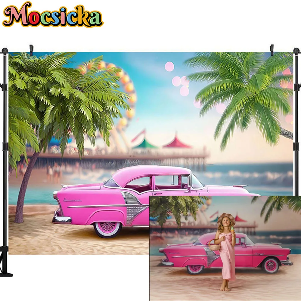 핑크 해변 서핑샵 배경, 여름 공주 생일 파티 사진 스튜디오 소품, 소녀 케이크 스매시 배경