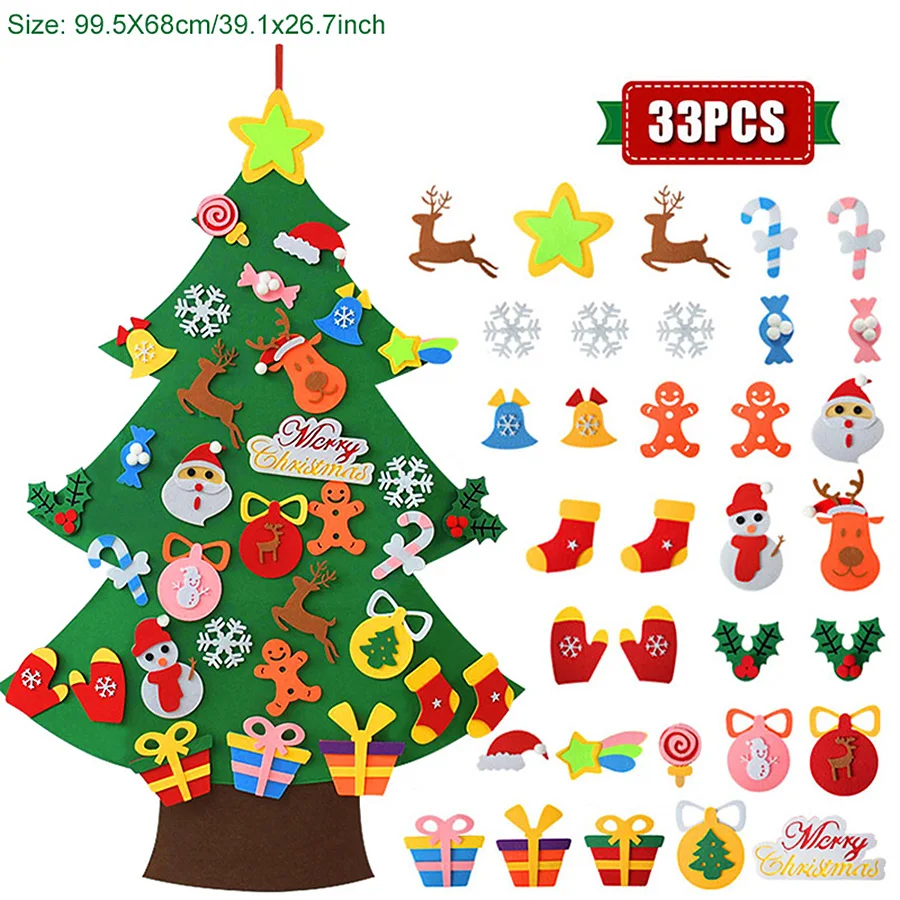 1set DIY Felt Christmas Tree Set with Detachable Ornaments Handmade Paste Xmas Tree Wall Hanging Decor Christmas Gift