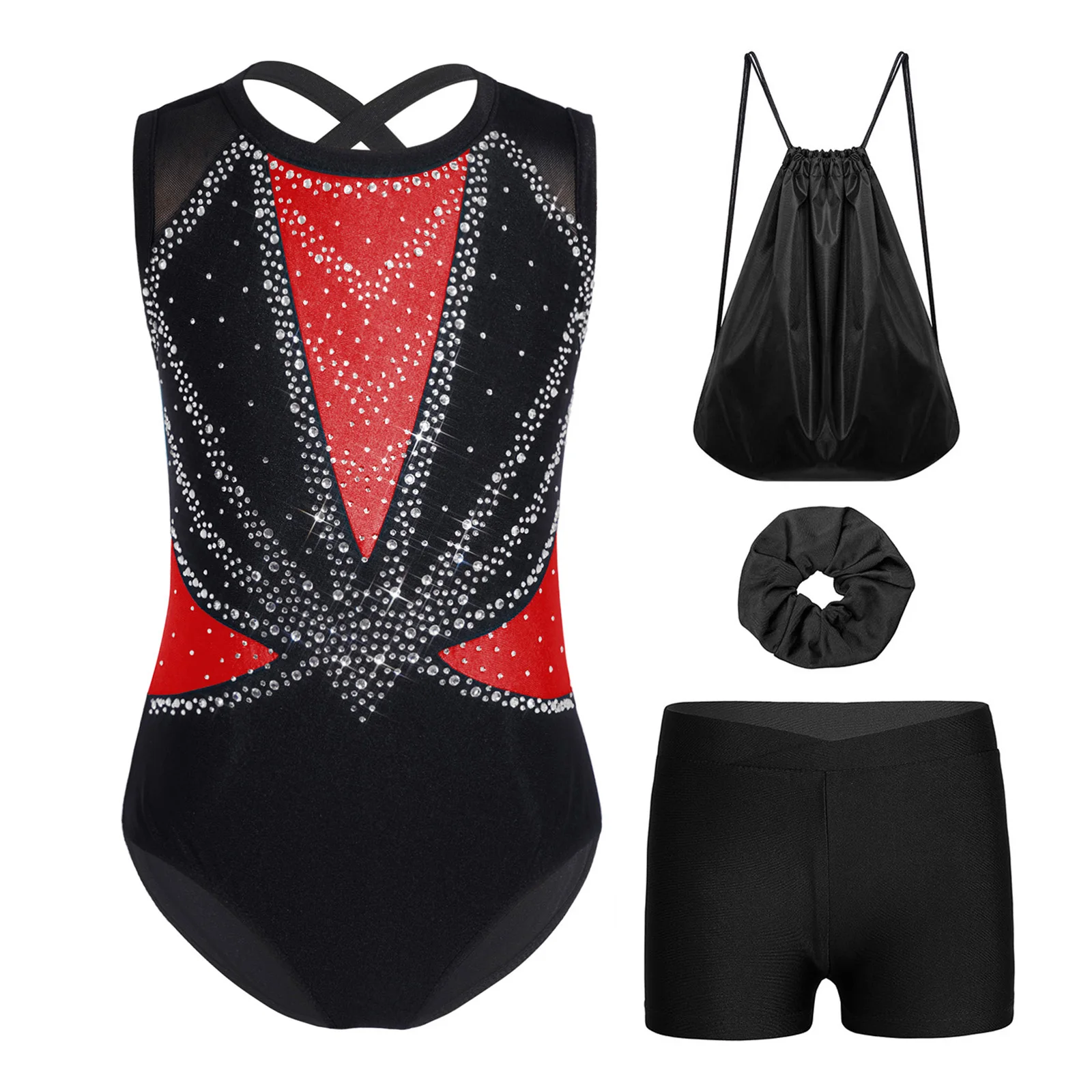 Kids Girls Sleeveless Shiny Rhinestones Ballet Dance Leotard with Shorts Backpack for Figure Skating Gymnastic Acrobatic Workout