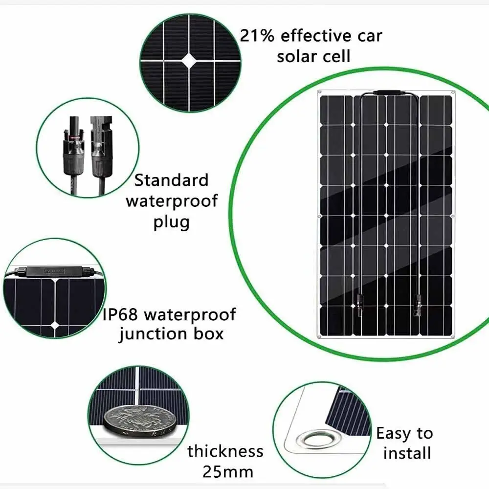 150W 18V Solar Panels 15A MPPT Controller Lightweight Flexible Solar Panel Kit System Battery Charge Home Camping Travel RV Boat