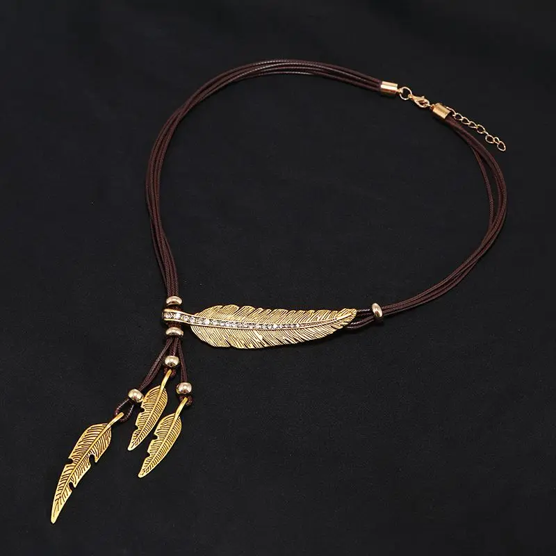 Bohemian retro European and American style feather leaf inlaid diamond multi-layer tassel collar chain