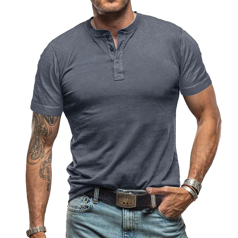 

Casual Men's Short Sleeve T-Shirts 2026 Spring Autumn Loose V-Neck Pullover Tops Men Vintage Solid Color Tee Fashion Streetwear