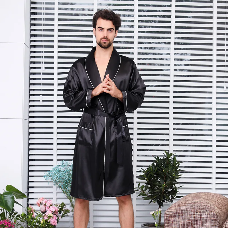 Large Size Men Robe Kimono Bathrobe Gown with Pocket Black Silk Satin Sleepwear Nightwear Spring Summer Homewear 5XL 6XL 7XL