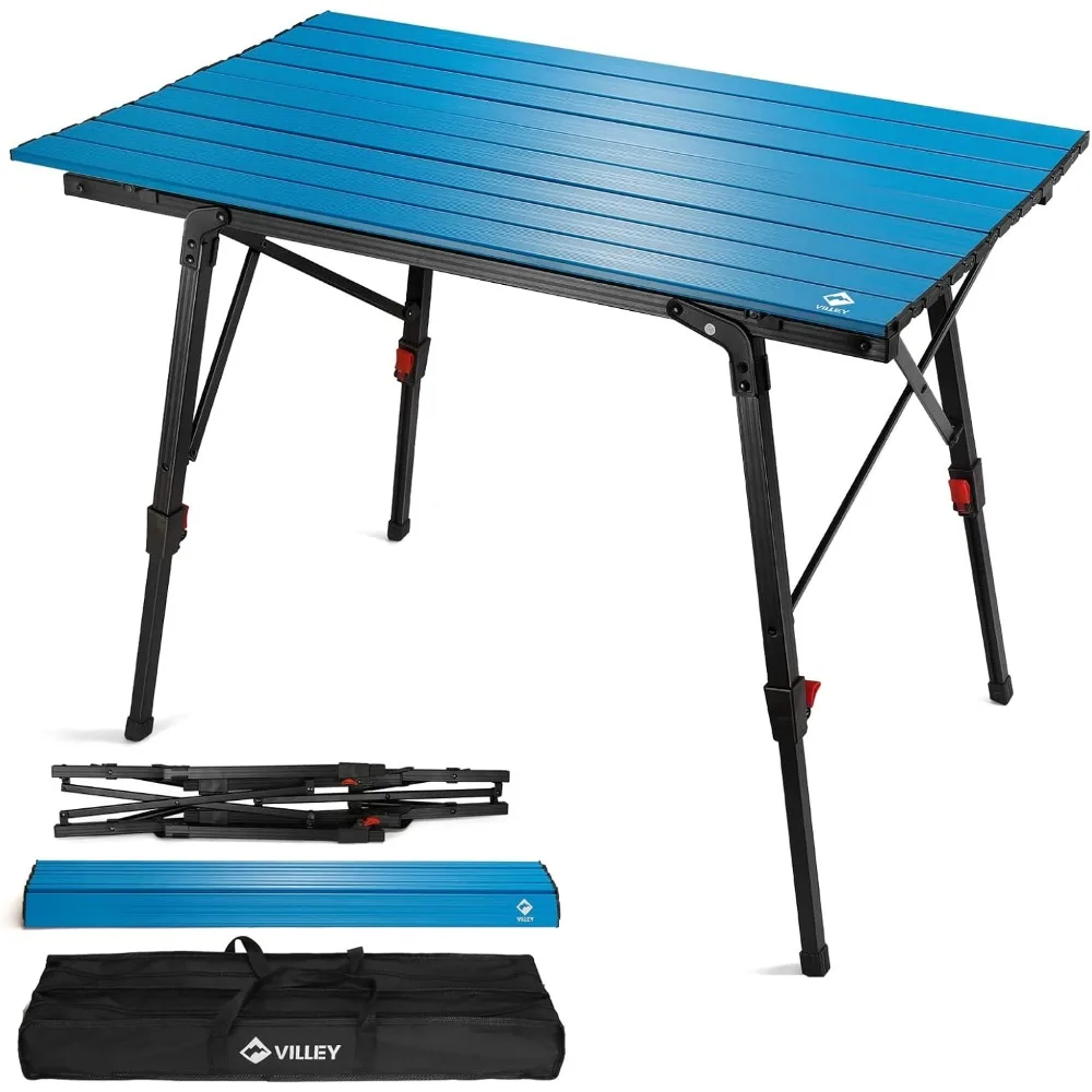 Portable Camping Table with Adjustable Legs, Lightweight Aluminum Folding Beach Table with Carrying Bag for Outdoor Cooking, Pi