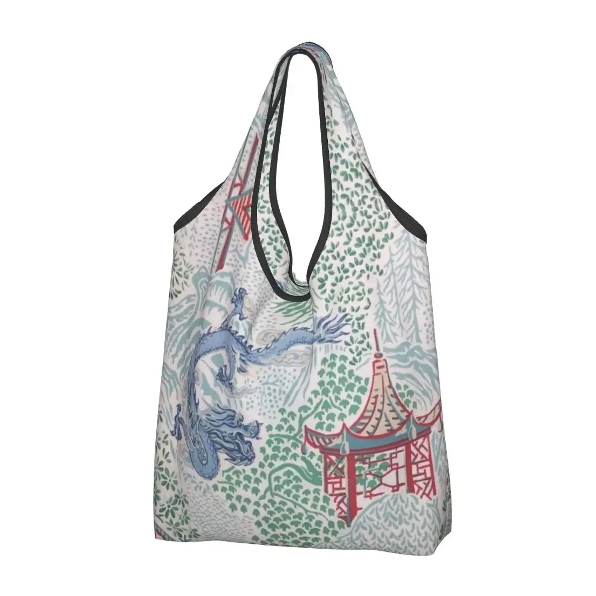 

Reusable Blue Dragon Oriental Toile Shopping Bag Women Tote Bag Portable Chinoiserie Willow Pagoda Grocery Shopper Bags