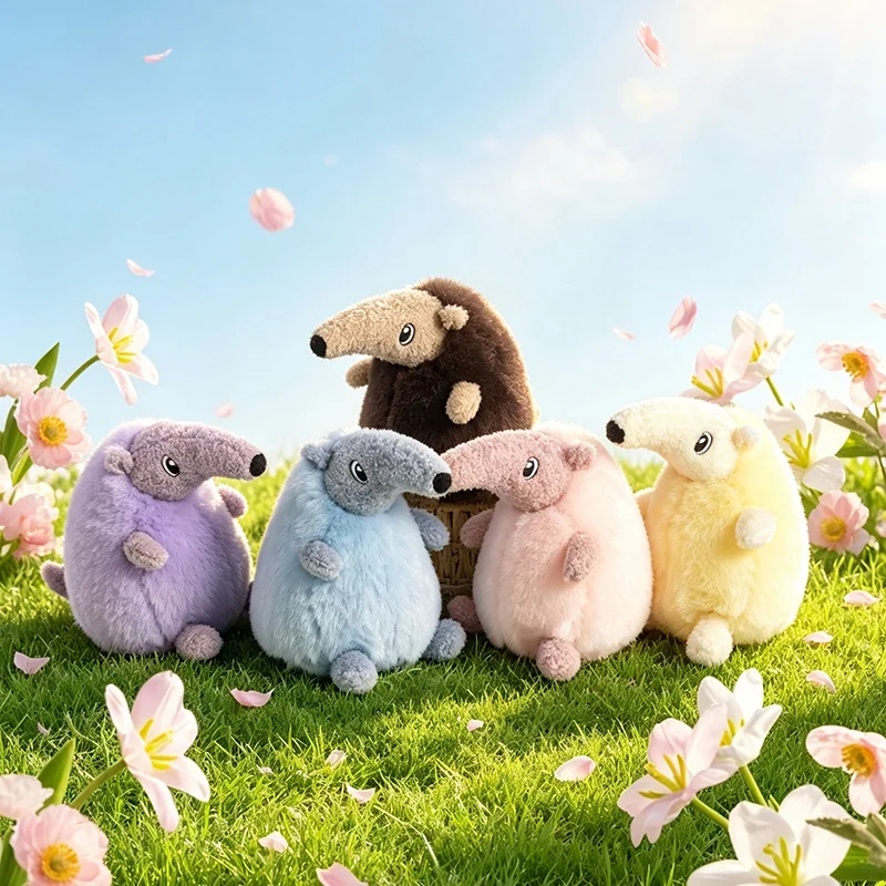 5 Colors Cute Round Anteater Plush Toy Soft Two Texture Fluffy Stuffed Animal Doll Pastel Light Blue Pink for gifts.