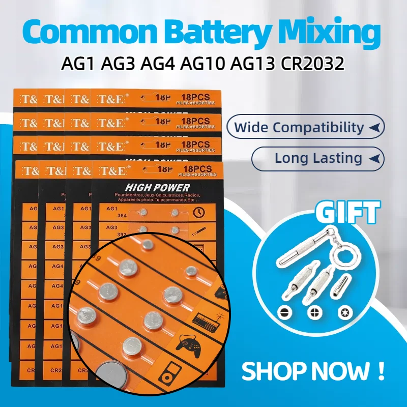 

Original CR2032 Battery 8 Types AG1 AG3 AG4 AG10 AG13 Button Cell for Watch Remote Toy Calculator Glucometer (18PCS/Card)