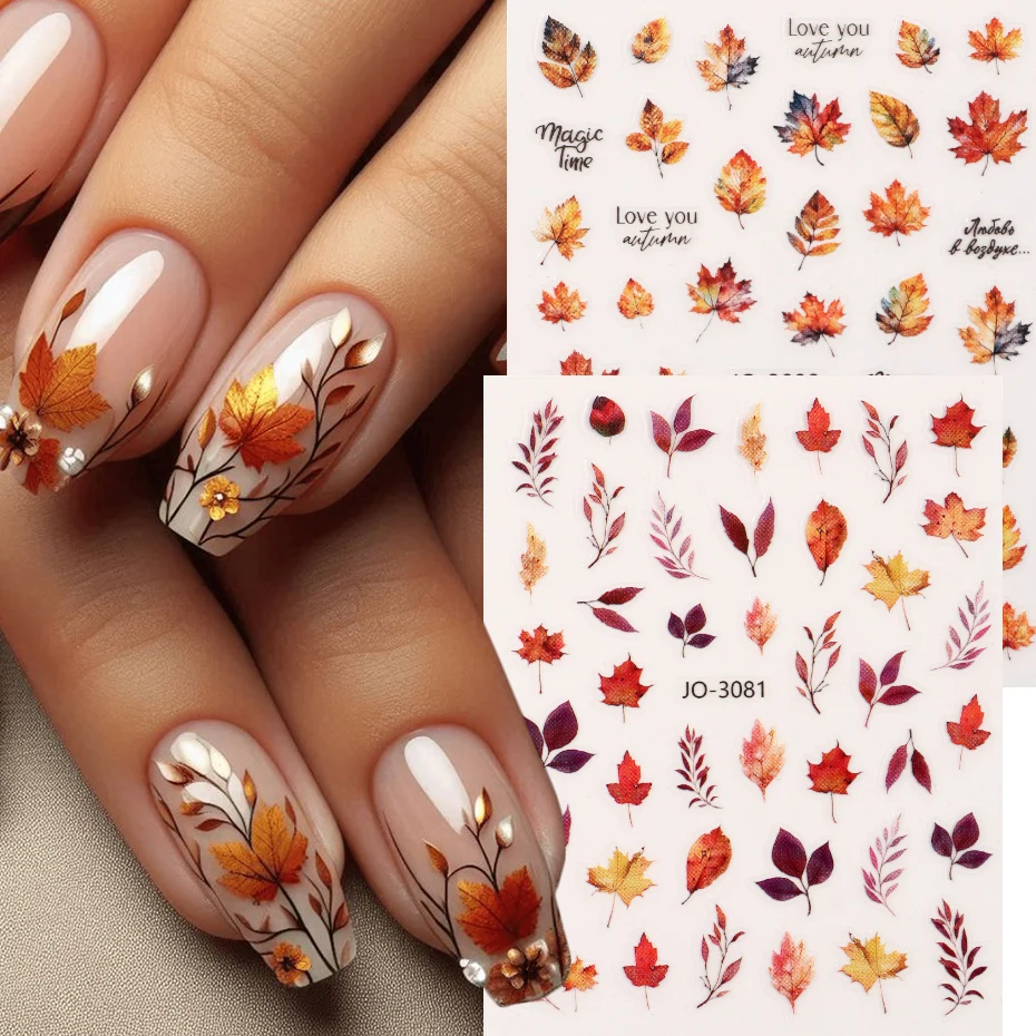Autumn Nail Art Sticker Featuring Maple Leaves in red And Yellow Autumn-Themed Nail Decals Perfect for Seasonal Nail Art Decor