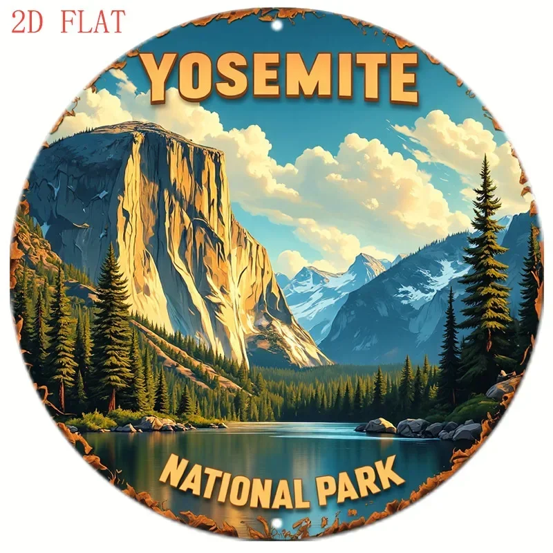 Yosemite 8 Inch Round Aluminum Metal Sign 2D Mountain River Landscape Wall Art Decor For Bedroom
