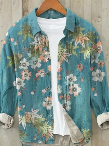 Sakura Japanese Vintage Art Linen Blended Shirt, Casual Polo Collar Cardigan, Button Shirt, Plus Size, Spring, Summer, New - Image 3