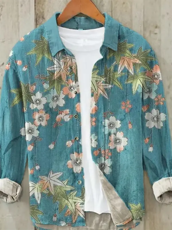 Sakura Japanese Vintage Art Linen Blended Shirt, Casual Polo Collar Cardigan, Button Shirt, Plus Size, Spring, Summer, New - Image 3