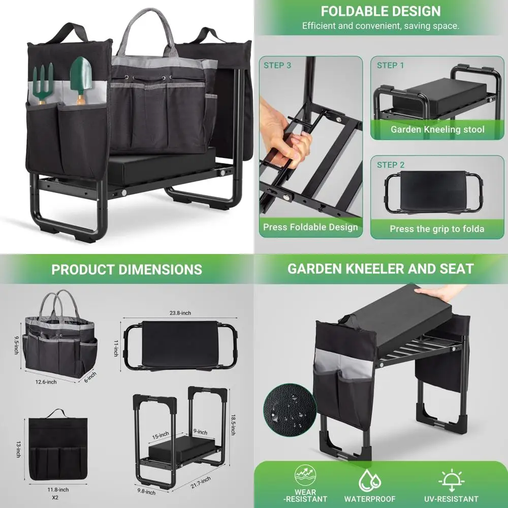 

Складной сверхпрочный садовый табурет с мягкой кожаной накладкой на коленях — съемная сумка для инструментов, прочная и удобная для занятий в саду
