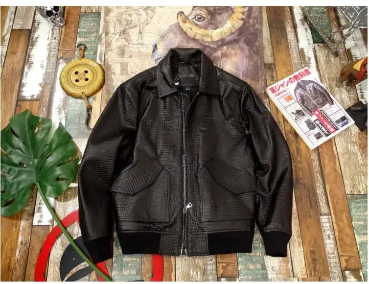 

YR!Free shipping.Classic bomber black genuine leather jacket.soft Alligator pattern sheepskin coat.father casual cloth