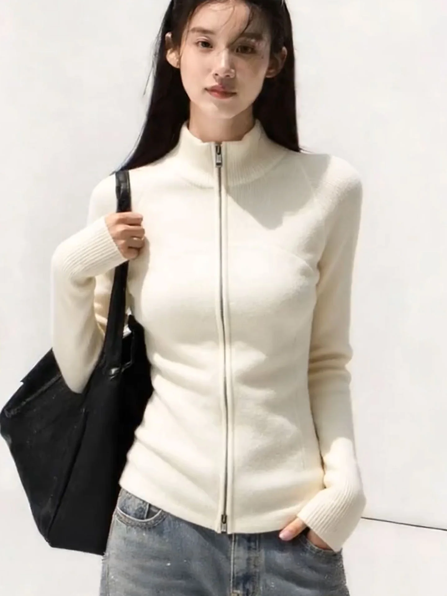 

Женский вязаный свитер Ele Zipper с длинными рукавами: комфортный, теплый, модный, цветной, весенний, приталенный топ