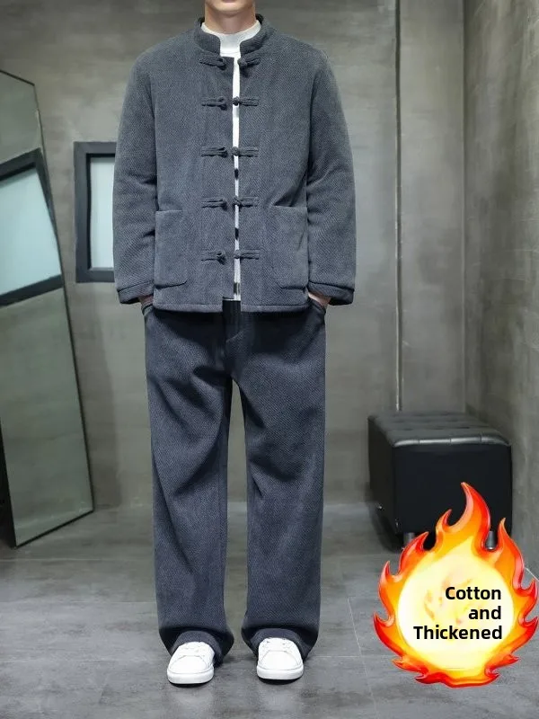 

Men's Winter Cotton Padded Jaet Set Loose Fit Collar Stand up Button down Bla Warmth Two Piece Suit Long Sve Long Pants