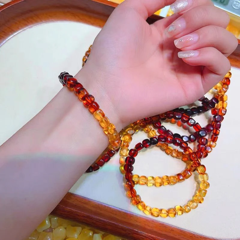 6mm Natural Baltic Amber Bracelet For Women Fashion Rainbow Gradient Color Square Elasticity Aldult Amber Bead Jewelry Gift