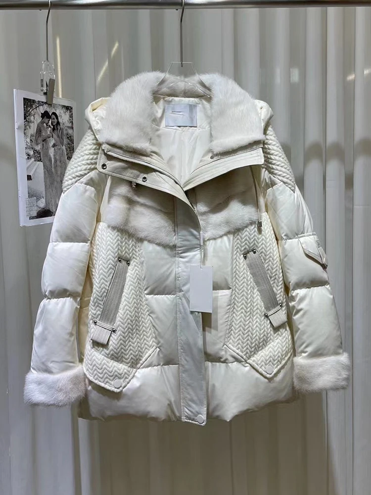 2024 Women Winter Warm Puffer Jackets Real Natural Mink Fur Collar White Goose Down Jackets Thick Coat Female Outwear clothing