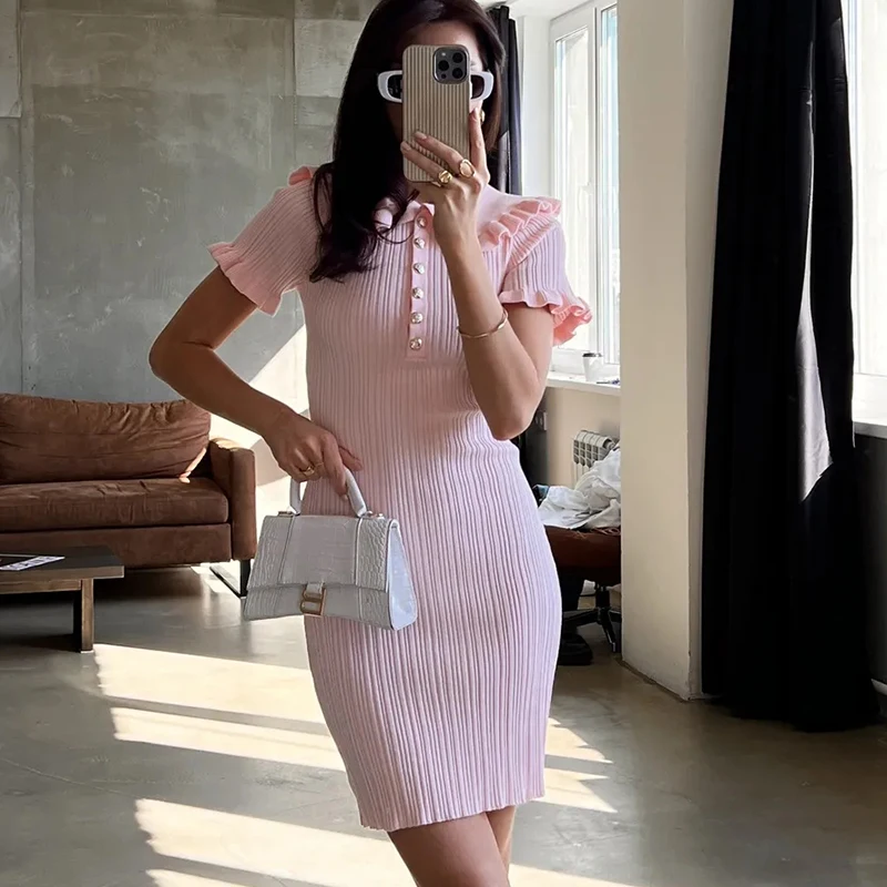 Rüschen Gestrickte Mini Kleider Für Frauen Hohe Taille Sommer Kurzarm Kleid Bodycon Weibliche Retro Elegante Kleid 2023 Neue