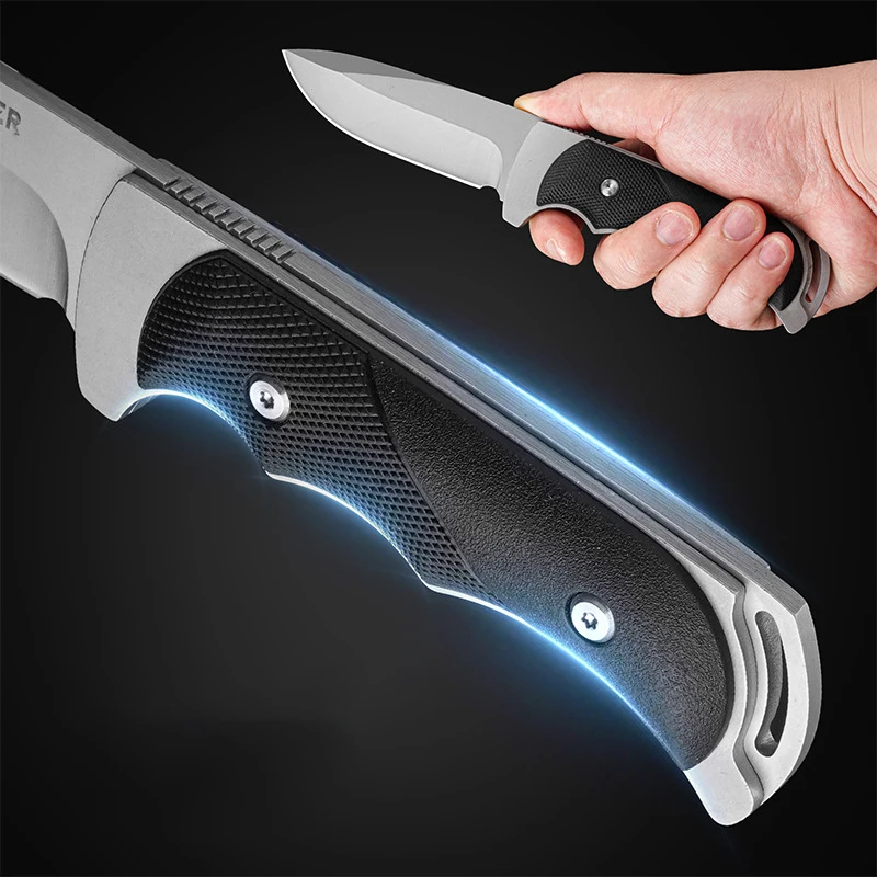 

A pocket knife with a fixed blade features a high-carbon steel blade and sheath ideal for hunting portable outdoor activities