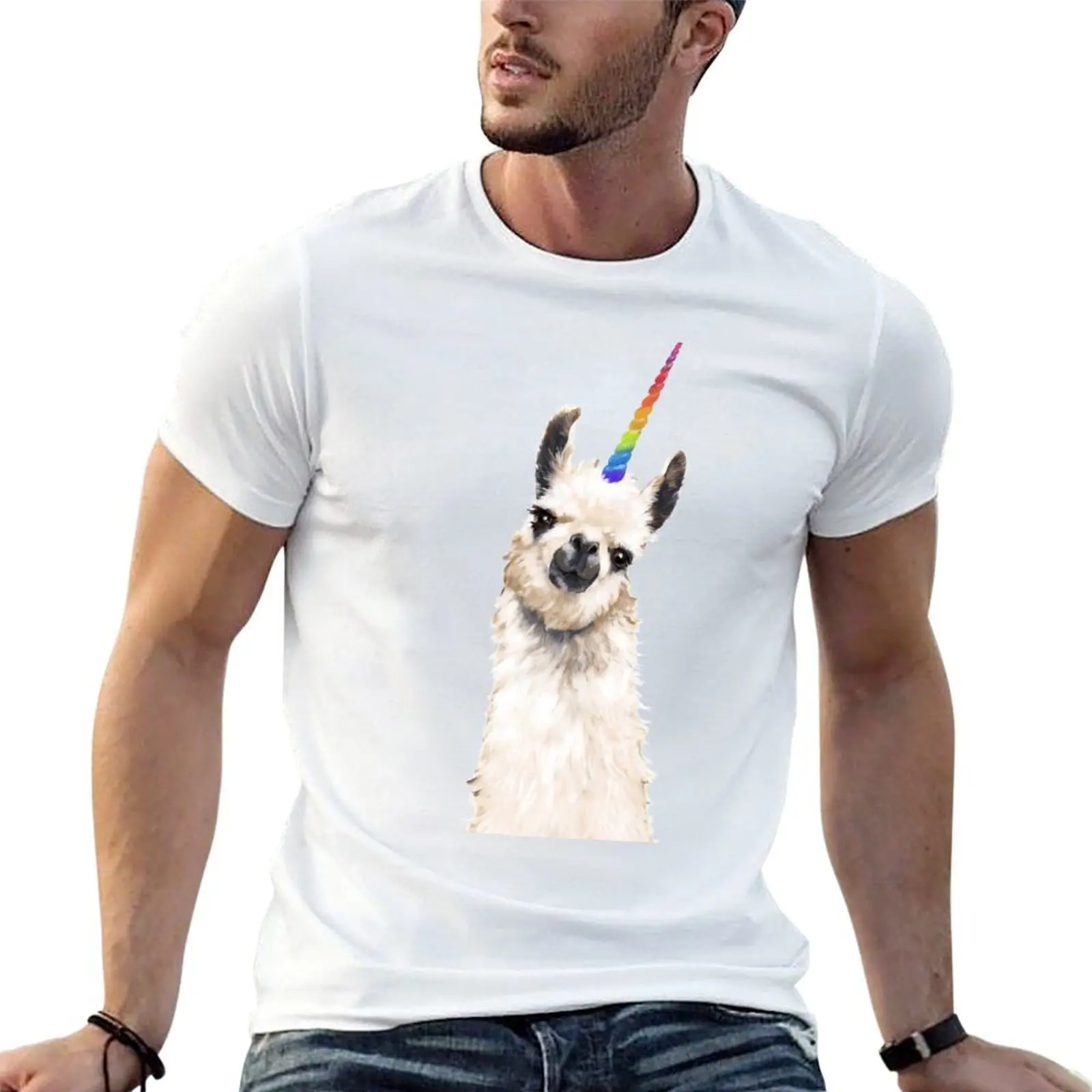 Unicorn Llama in White T-Shirt mens graphic t shirts cotton t shirts high quality t shirts designer T-shirt