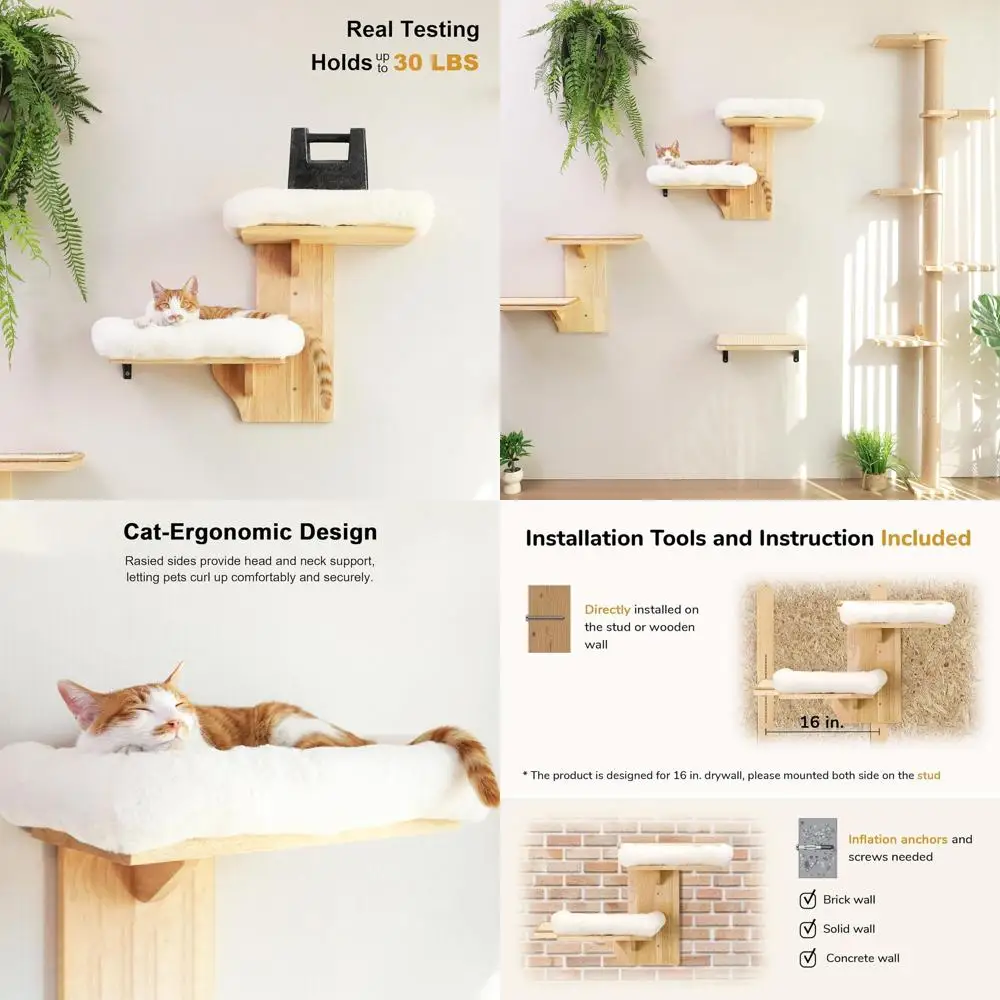 

Настенная полка для кошек в форме дерева с мягким лежаком для лазания, игр и отдыха