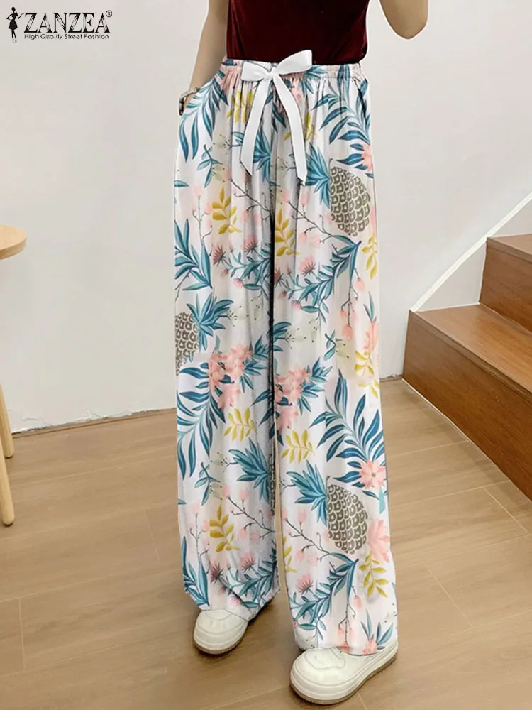 

ZANZEA 2024 Elastic Waist Casual Home Sleep Wear Summer Comfortable Loose Pant Women Bohemian Floral Printed Pants Long Trousers