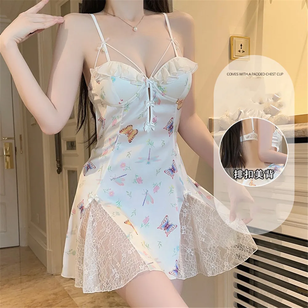 

Female Print Butterfly Nightgown Sexy Patchwork Lace Suspender Nightdress Summer Ice Silk Sleepwear Home Clothes