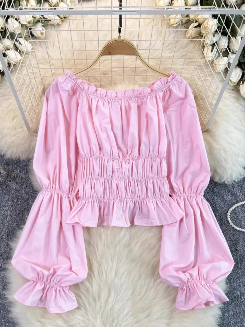 Vintage Blouse Shirt Women Short Off-shoulder Puff Sleeve Tops Summer Fashion Design Pleated Waist Pure Spice Girl Shirt Blouse