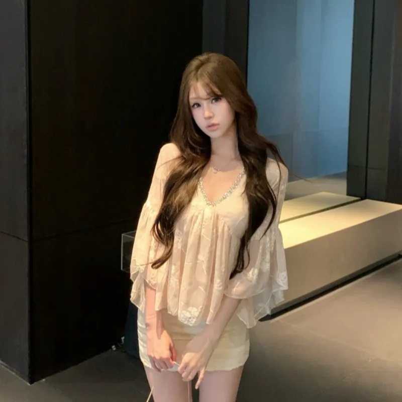 

Sexy Embroidered Diamond V-ne Top Lace Trim f-skirt Faionable Set Women's Autumn New Arrival Ele Sle Two-piece Suit