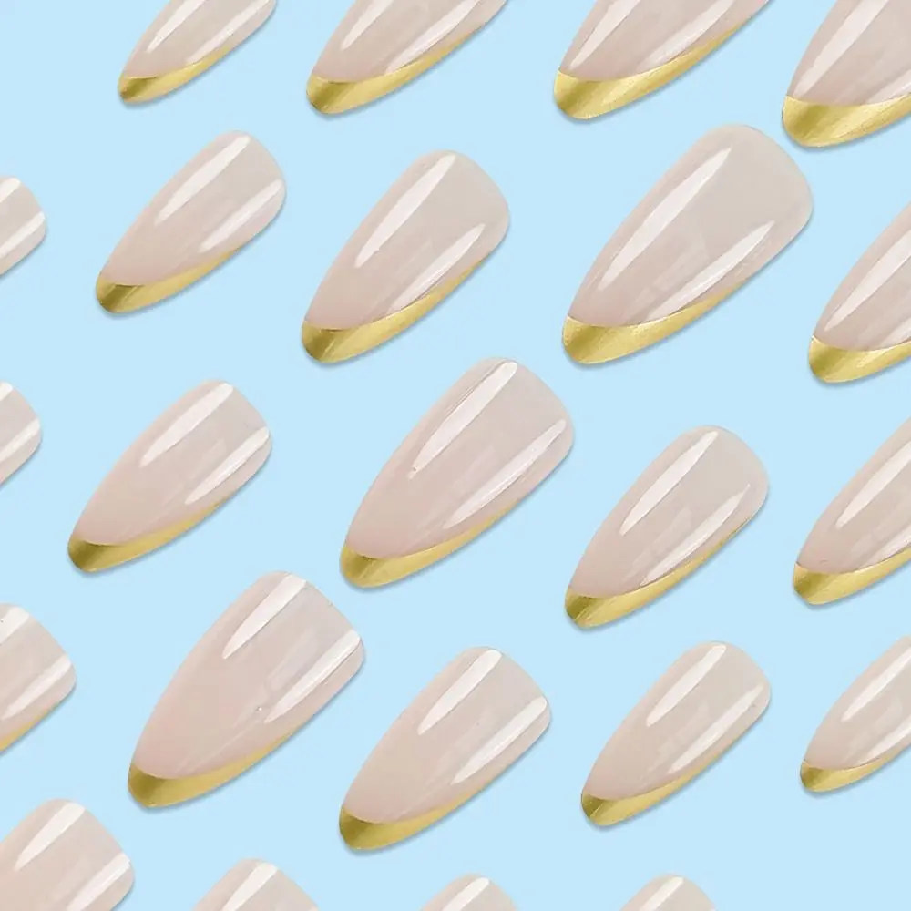 24/30 pièces épices paillettes faux ongles doré peinture à l'encre française presse sur les ongles avec gelée autocollants couverture complète faux ongles