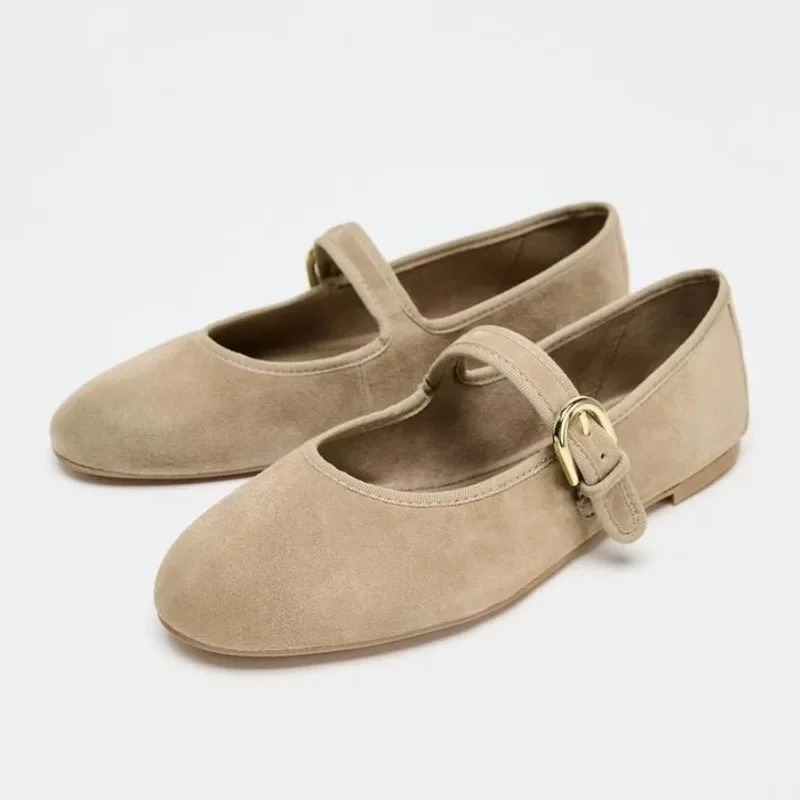 Elegant Narrow Band Buckle Design Ballet Flats Women High Quality Suede Plus Size Flats Cozy Round Toe Shallow Mary Jane Shoes