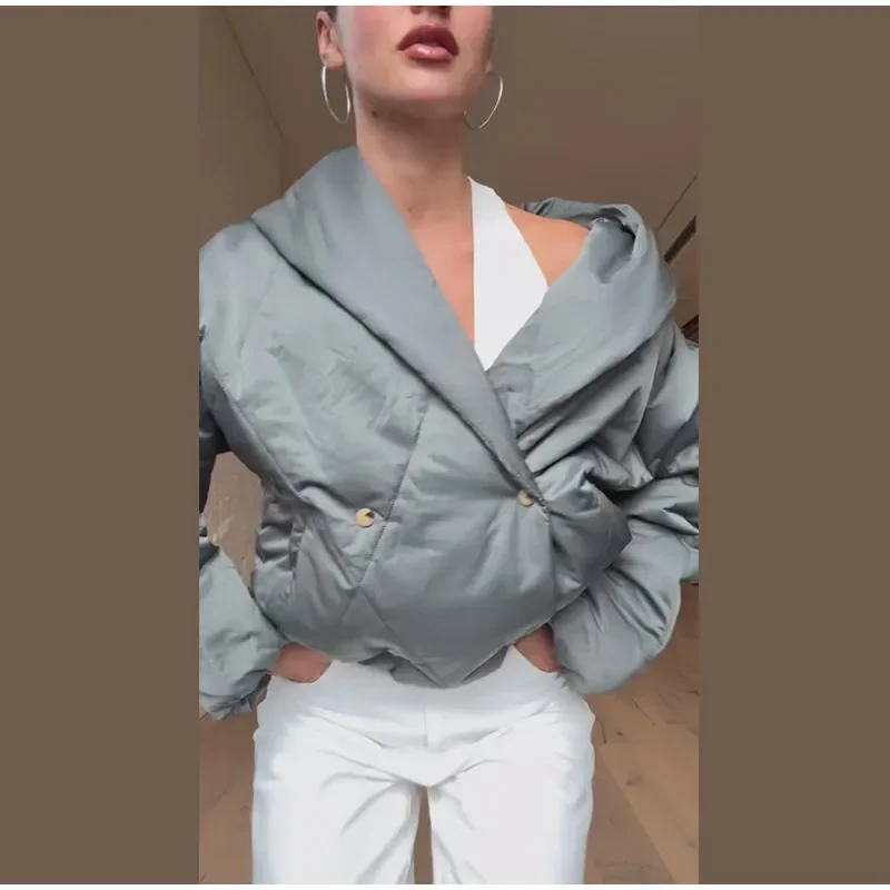 Übergroße Gesteppte Jacke mit Revers für Damen, Streetwear, Langarm, Doppelreihig, Locker Sitzende Mäntel, Modische Damen-Oberbekleidung, Neuheiten – Detail 4