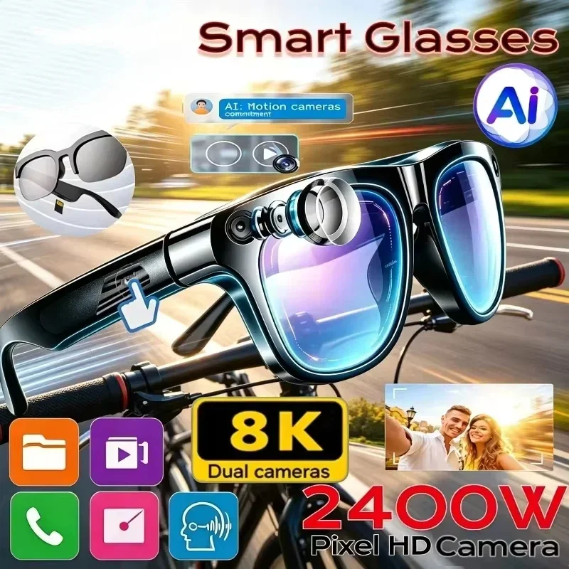 Smart AI Glasses 2400W Shooting Camera HD Photo Video Voice Call Translation Waterproof Bluetooth AI Motorcycle Glasses