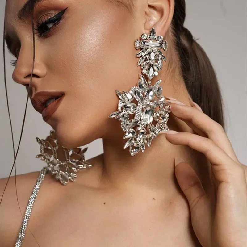 Exaggerated Rhinestone Big Size Earring for Women Geometry Fashion Crystal Drop Earrings Luxury Drag Queen Jewelry Accessories