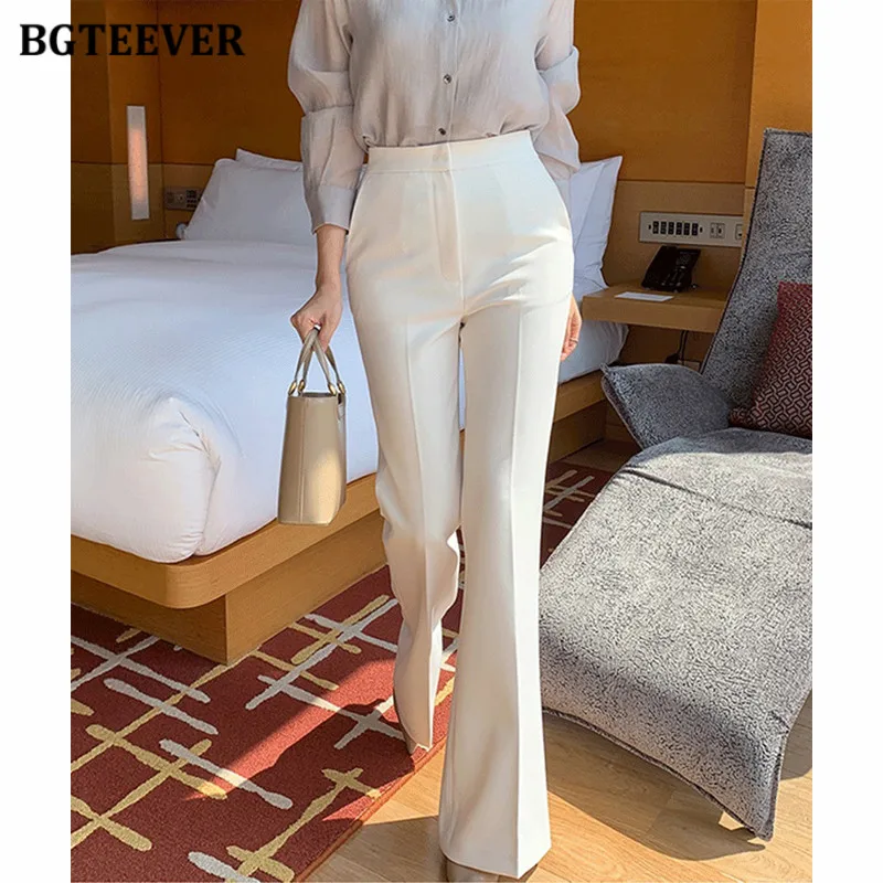 

BGTEEVER Elegant High Waist Slim Ladies Flare Trousers Summer White Pockets Women Suit Pants