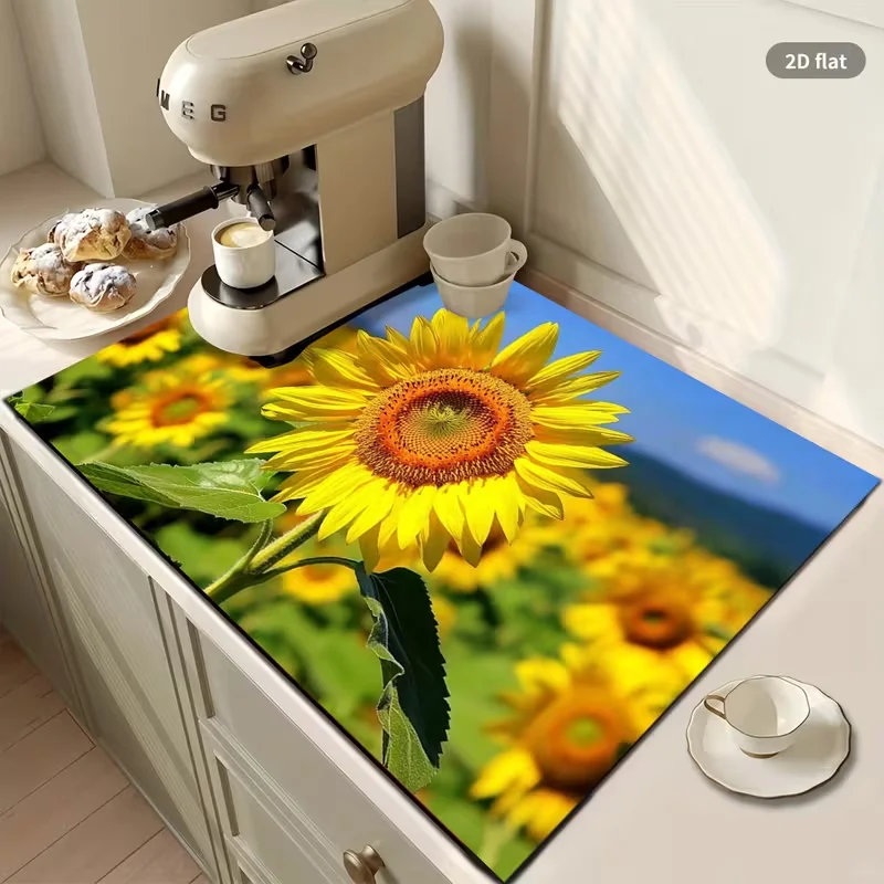 2D Realistic Sunflower Field Dish Drying Mat Coffee Countertop Pad Decor Kitchen Sink Draining Pad for Tableware Coffee Machine