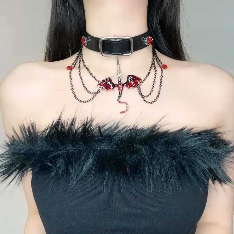 DIY accessories Tassel dragon necklace  heavy industry leather collar choker babes halloween sweet cool punk collarbone chain view 3