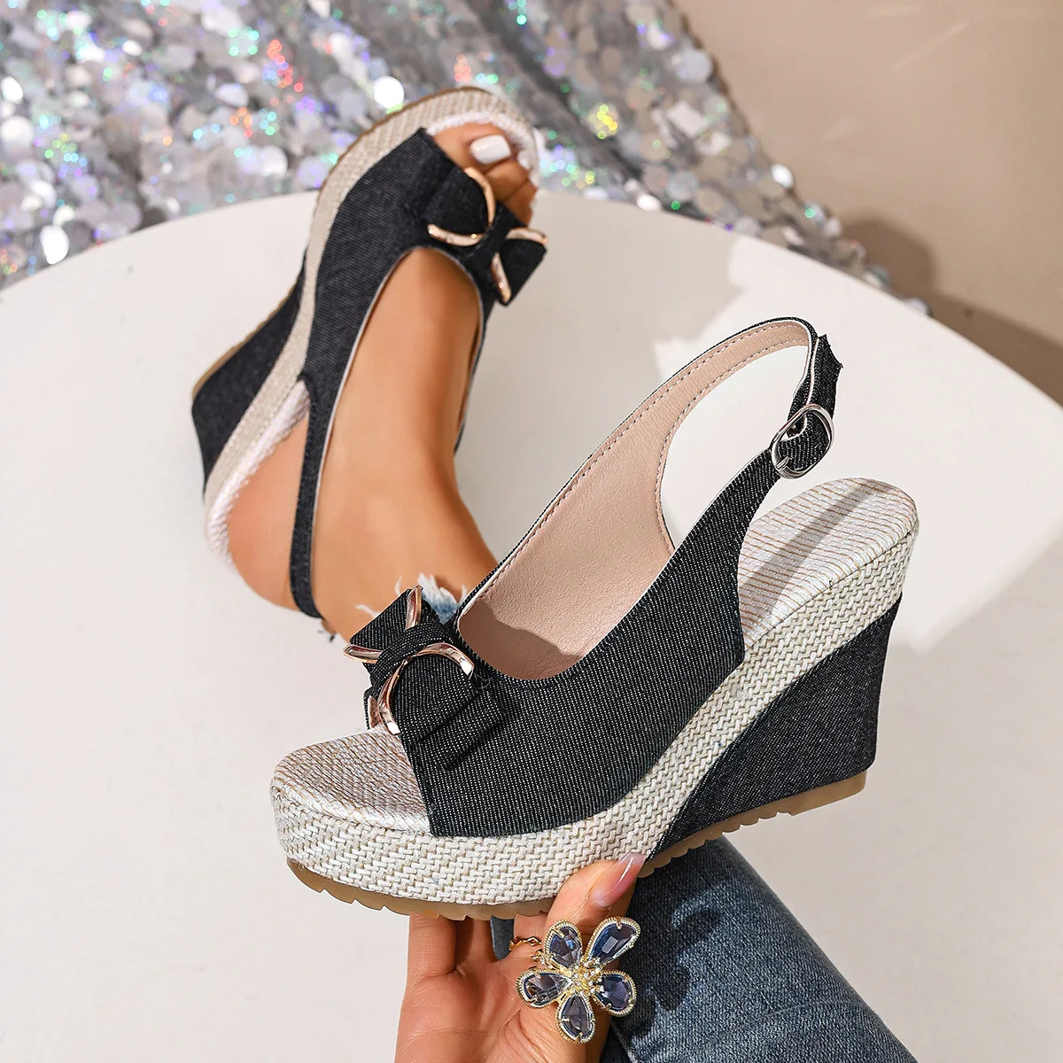 

Женские сандалии, модная женская обувь в римском стиле, сандалии на танкетке большого размера с открытым носком, летняя женская обувь на высоком каблуке с открытым носком