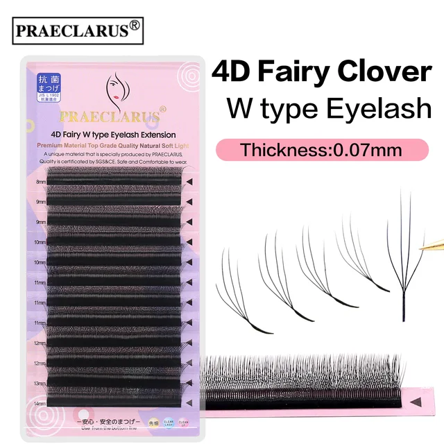 PRAECLARUS 4D Fairy Clover przedłużanie rzęs 0.07mm C/D/DD ręcznie robione materiały premium naturalne miękkie przedłużanie rzęs w kształcie litery W