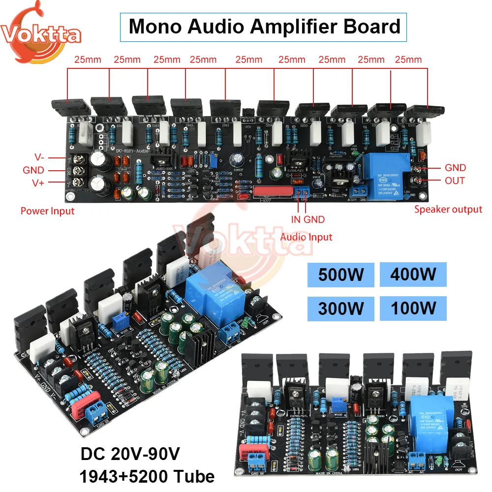

Mono 500W 400W 300W 200W High Power Audio Amplifier Board 1943+5200 Tube DC 20V-90V HIFI Power Amplifier Speaker
