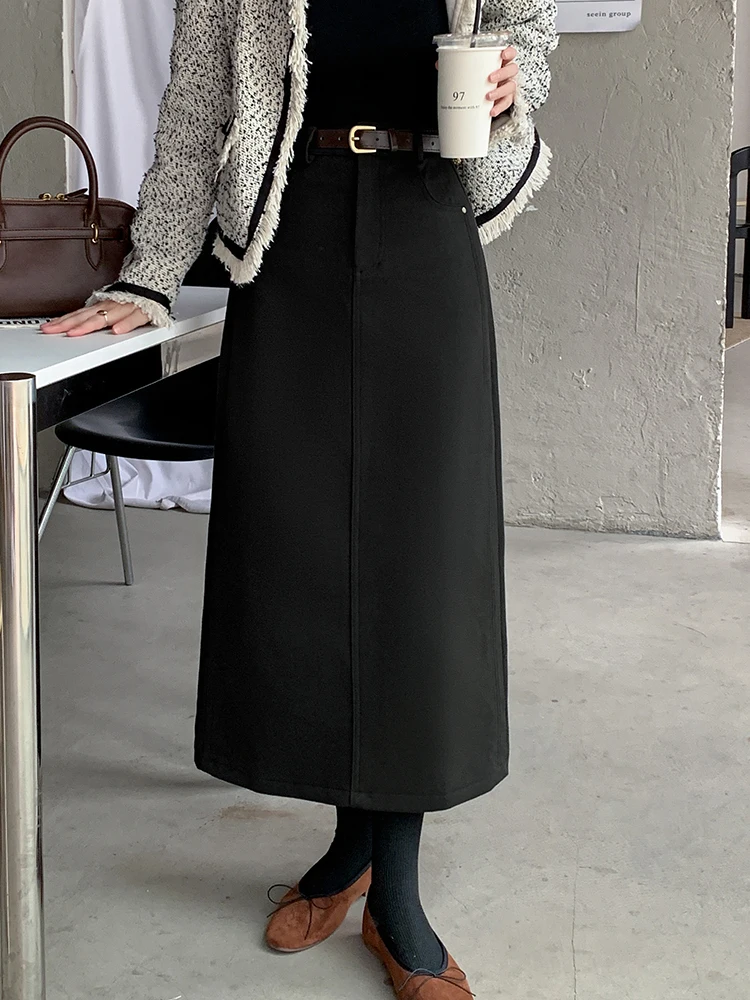 Office Ladies High Waist Woolen Skirts Women Fall Winter Straight Skirts Midi Pocket Skirt with Belt Black Grey