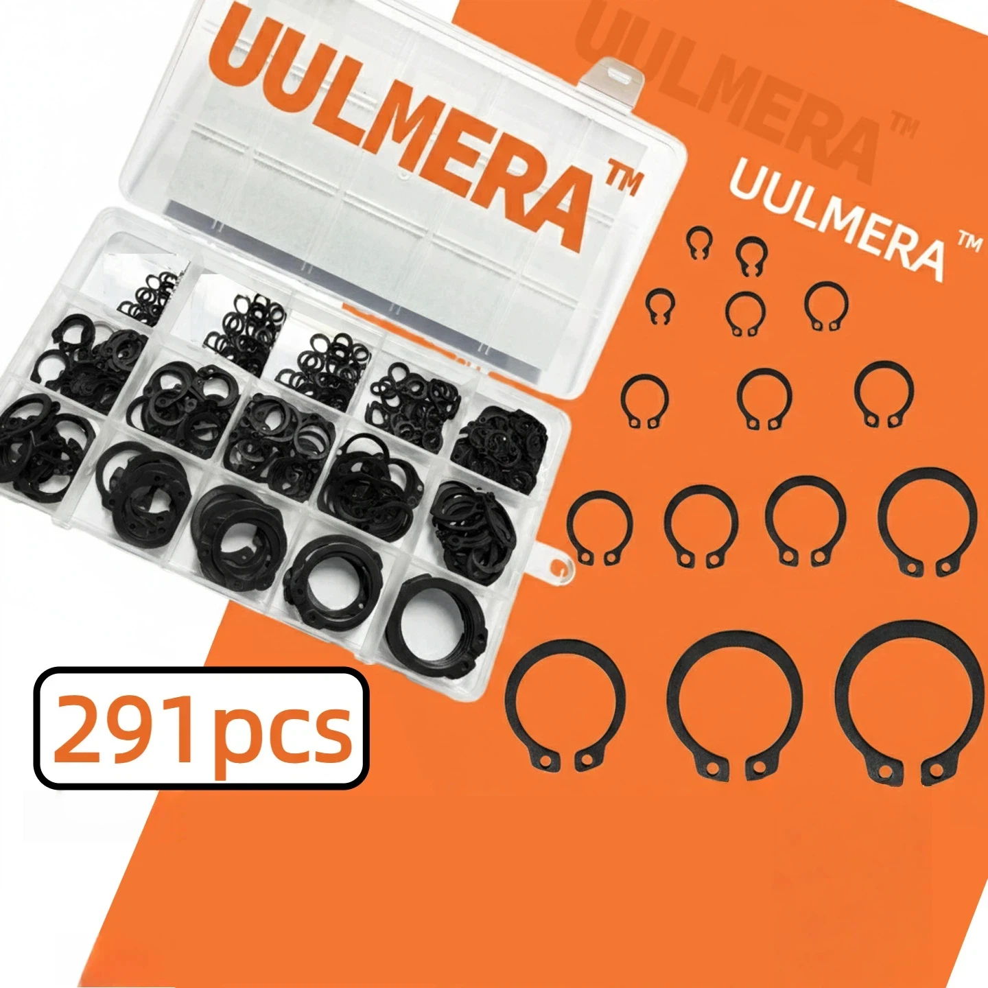 291Pcs 15 Sizes: M3-M25 Black Alloy Steel C Clip External Circlip Set Snap Ring Retaining Ring for Shaft Bearing Hardware