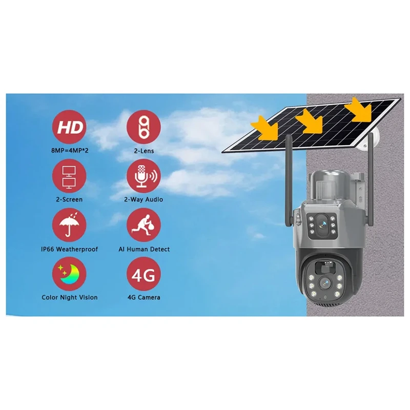 Câmeras solares de lente dupla 4K 8MP Câmera de vigilância sem fio PTZ Cor Visão noturna Detecção PIR Acessórios de substituição