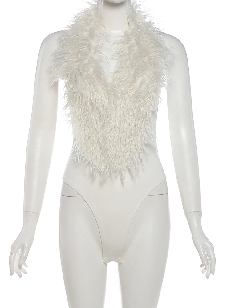 Weird Puss Bodysuit mit Kunstpelzkragen für Damen, tiefem V-Ausschnitt, Neckholder, rückenfrei, ärmellos, figurbetont, sexy, Hottie, Midnight High Street Outfit – Detail 3