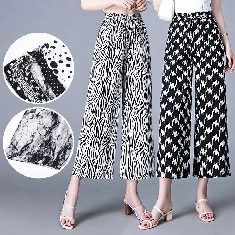 Summer New Thin Loose Cropped Pants Print Elastic High Waist Patchwork Drawstring Fashion Versatile Straight Wide Leg Trousers