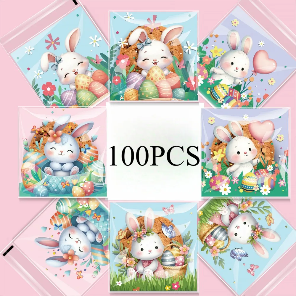 100pcs Easter Cellophane Treat Bags, Self Sealing Candy Cookie Bags Clear Cute Bunny Pattern Plastic Self-Adhesive Bag