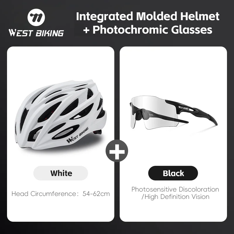 

WEST BIKIN Bike Helmet Glasses Set Ultralight Integrally-molded Helmet With Photochromic Cycling Glasses Set Cycling Equipment